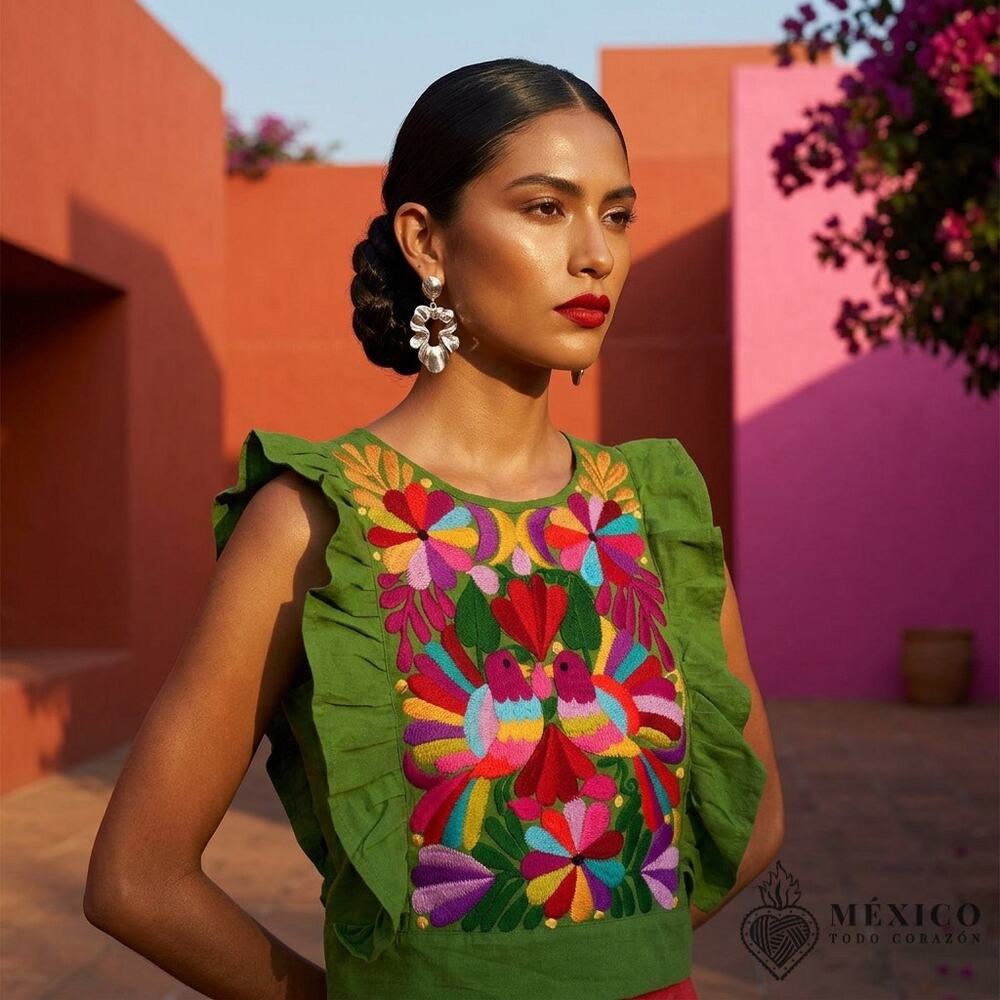 Green  Mexican Cotton Blouse – Talavera Embroidery, Adjustable Back Ties XS-M-L